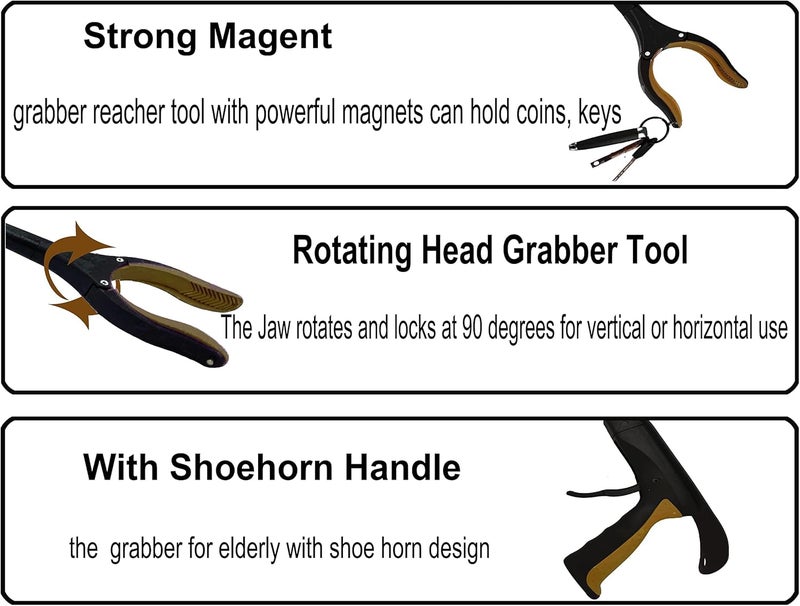 GrabRunner 2Pack 32 inch Folding Reacher Grabber Tool with Strong Magnetic and Swivel Head &Shoehorn (Gold Gold) - Image 3